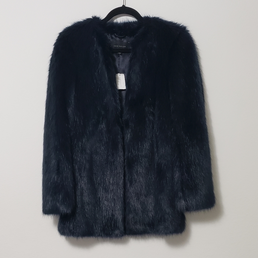 Ann Taylor Faux Fur Dark Blue Coat
